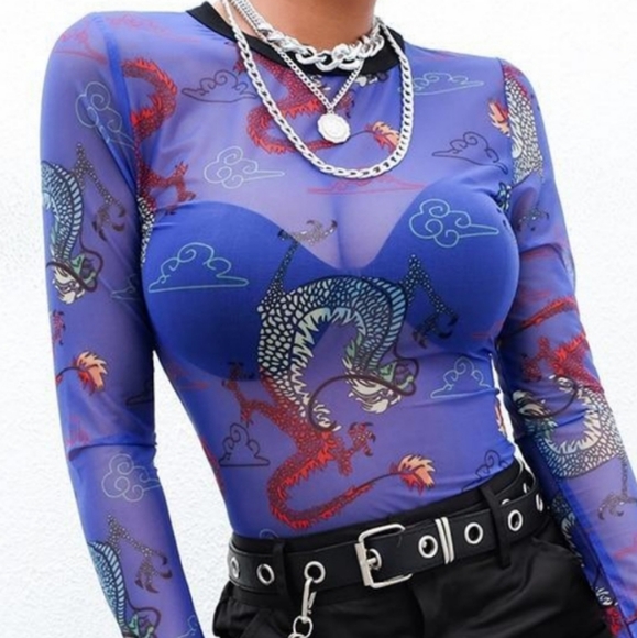 Mesh Dragon Long Sleeve Print 90s y2k style Top - Picture 1 of 14